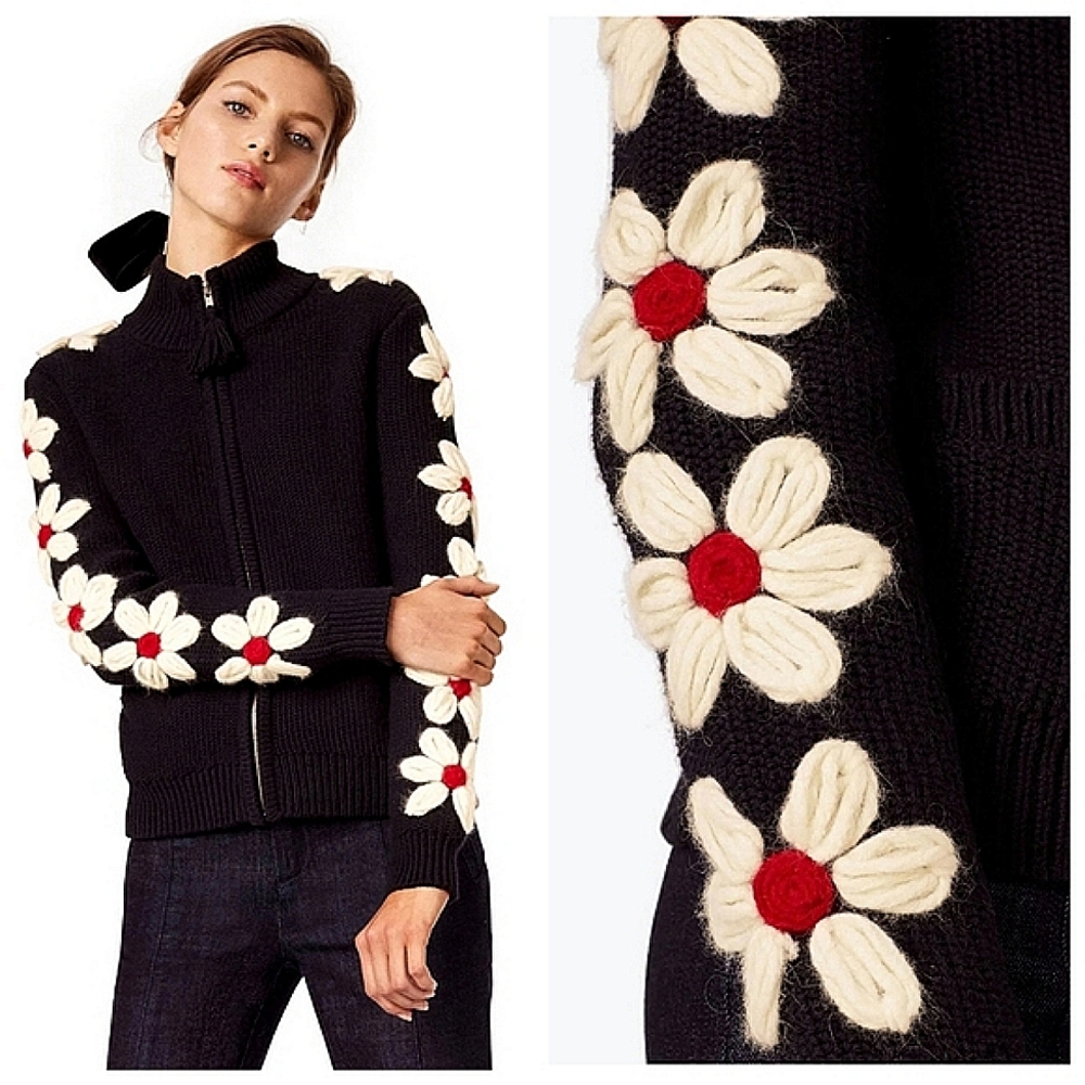 Wool Daisy Zip-Up Sweater Jacket - Black with Cream & Red Floral Embroidery